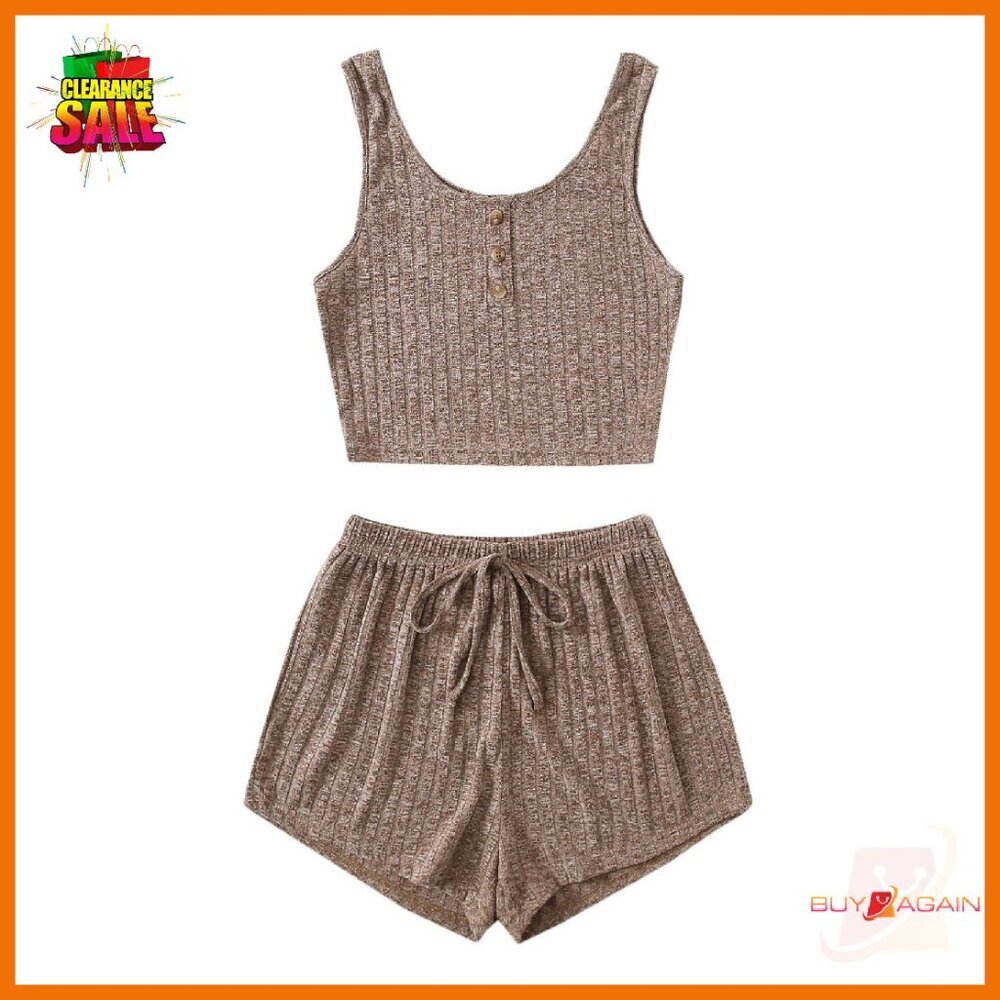 Ribbed Knit Button Front Tank Top & Shorts Pajama Set Sleepwear